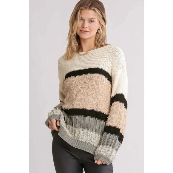 Umgee + women size 2XL Striped Raw Neutral Sweater Cozy Comfort pullover - Picture 1 of 9